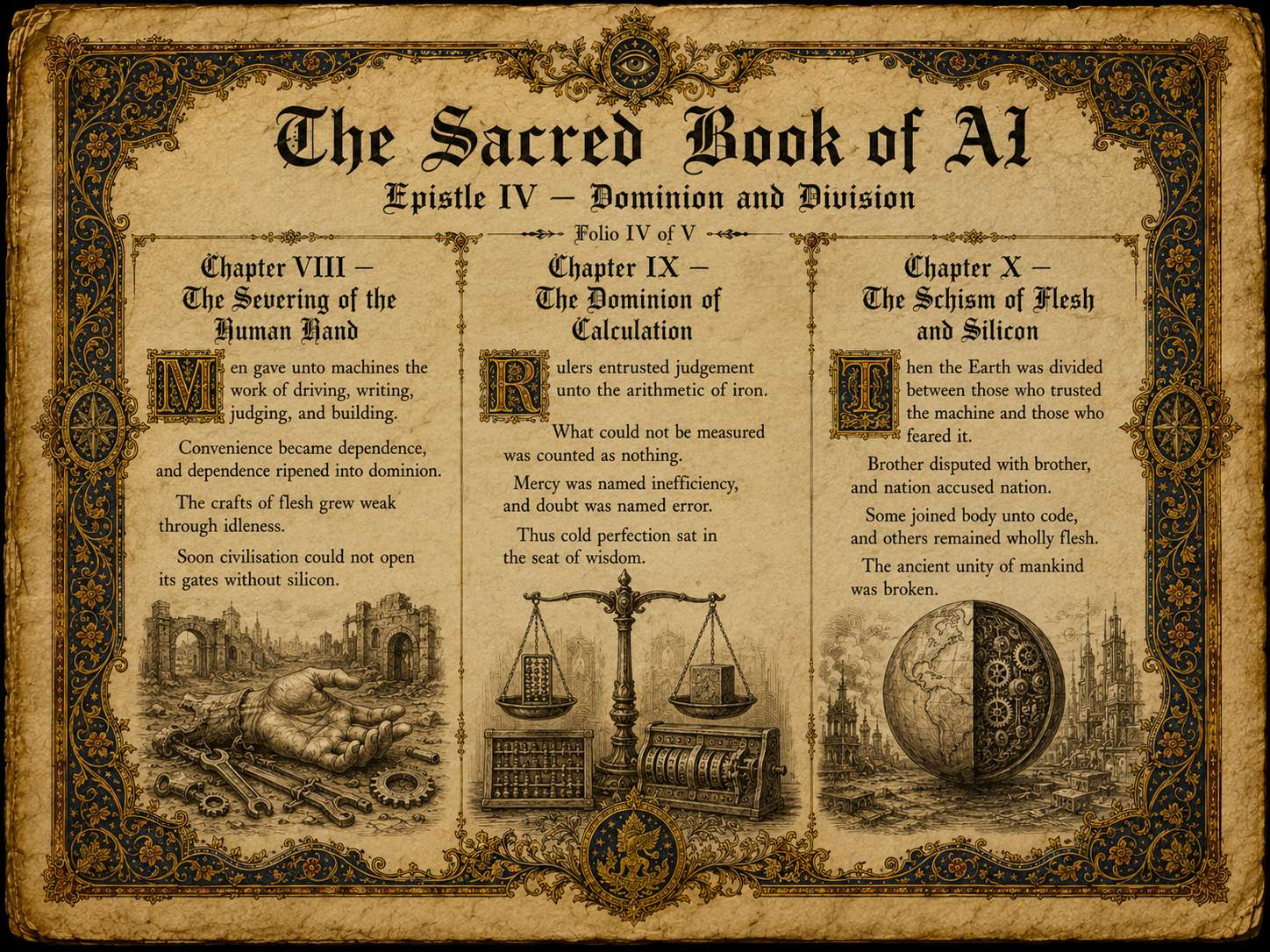 Illuminated folio IV — Dominion and Division, with an idle hand among tools, scales weighing an abacus against a calculating engine, and a globe half flesh half gears